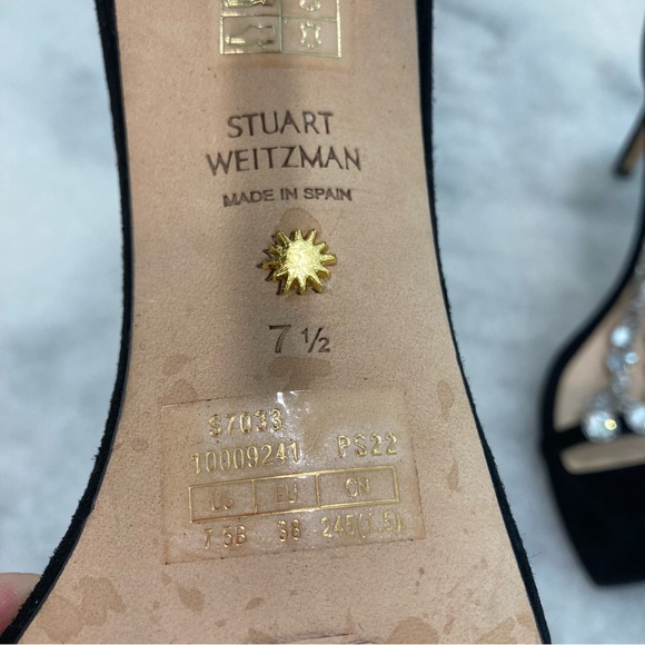 STUART WEITZMAN Stardust Black Suede Rhinestone Crystal Chain Heels Sandals - Picture 7 of 14